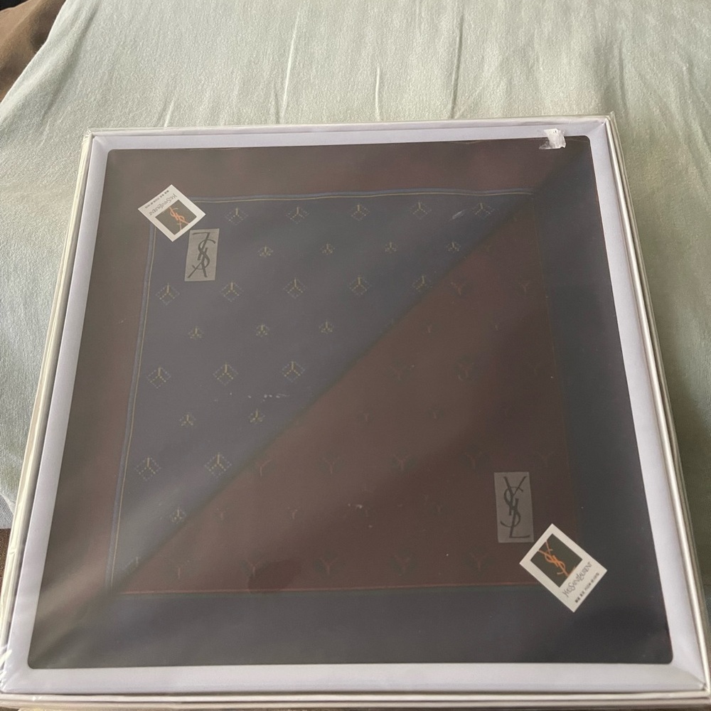YSL Blue and Brown cotton hankies/scarf in a box